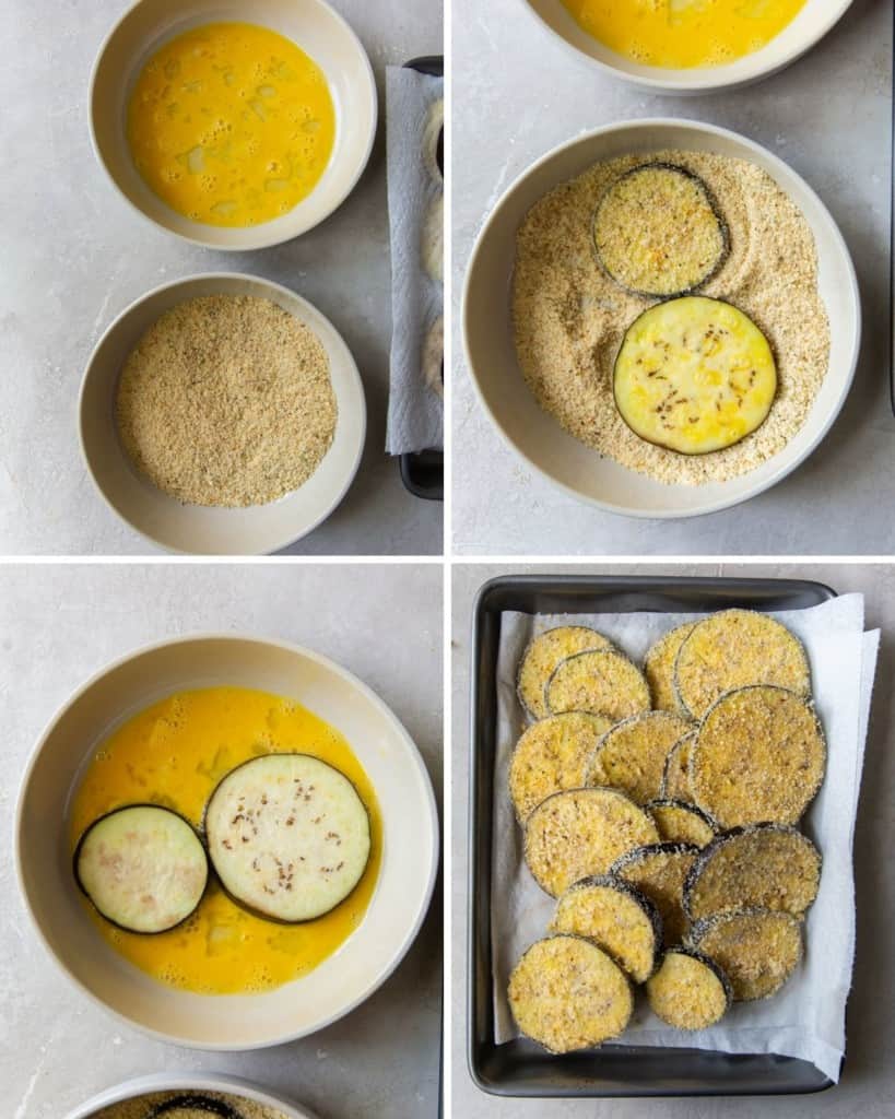Collage of in-process photos of eggplant cutlets being dipped into egg and breadcrumbs