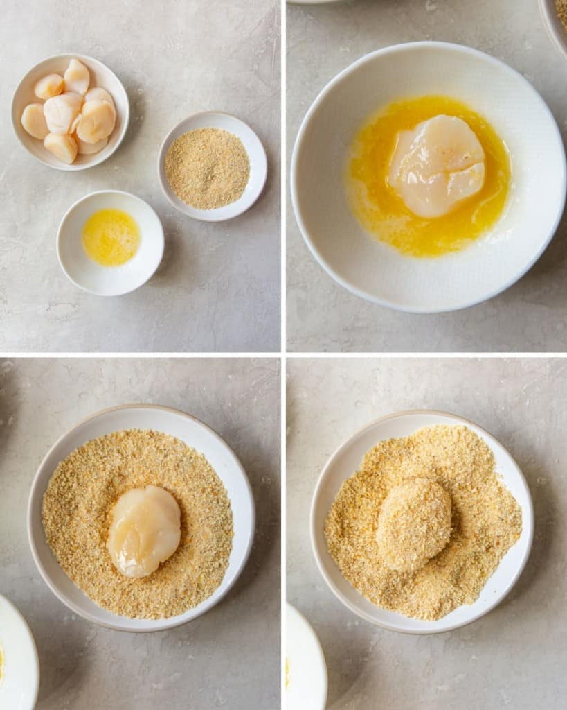 Collage of dipping the scallops in butter and breading