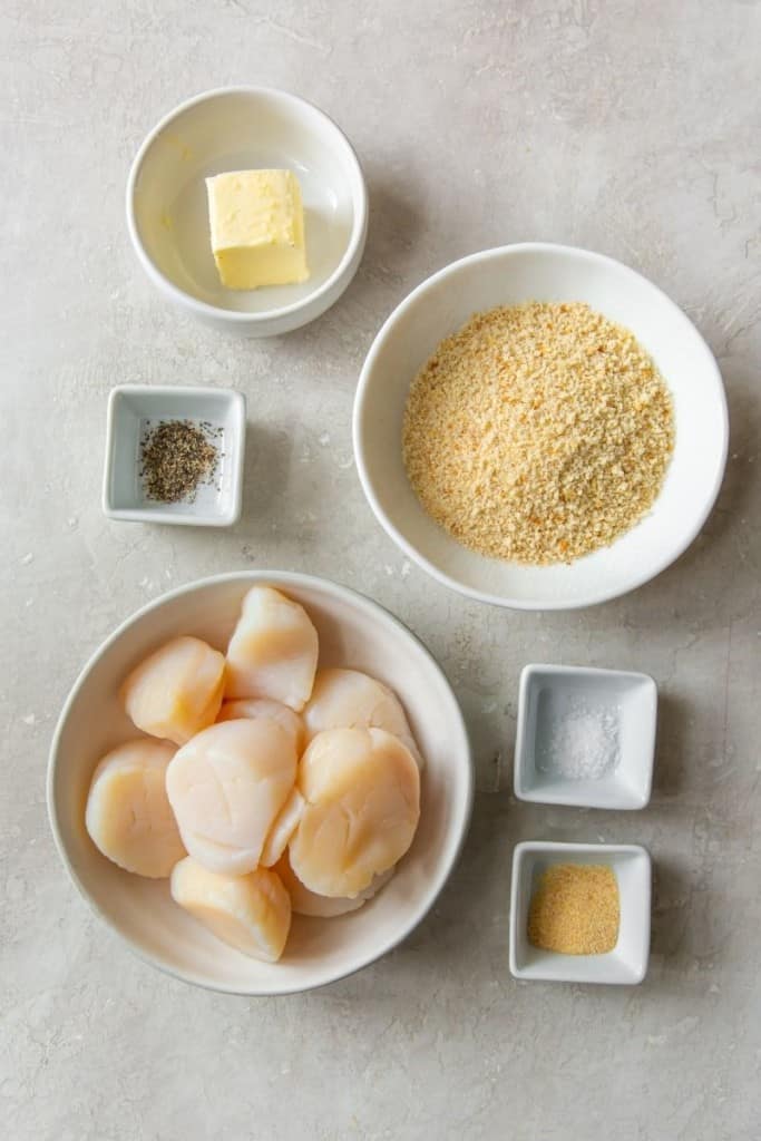 Ingredients needed to make breaded air fryer scallops in bowls