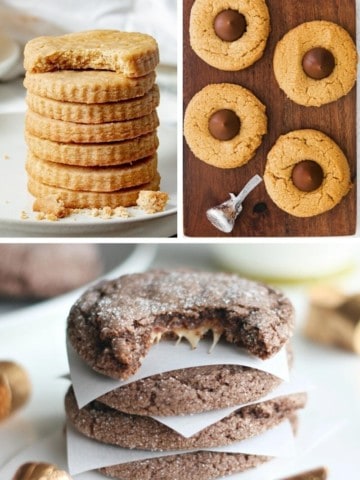 Collage of easy Christmas cookies with few ingredients (brown butter shortbread cookies, peanut butter blossoms, and rolo cookies)