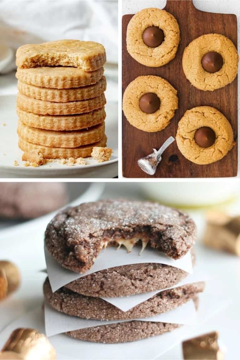 Collage of easy Christmas cookies with few ingredients (brown butter shortbread cookies, peanut butter blossoms, and rolo cookies)