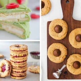 Collage of easy cookies with few ingredients (grinch cookies, cranberry cookies, and peanut butter blossoms)