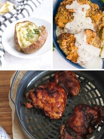 Collage of Ninja Air Fryer Recipes (baked potatoes, chicken fried steak, and BBQ chicken thighs)