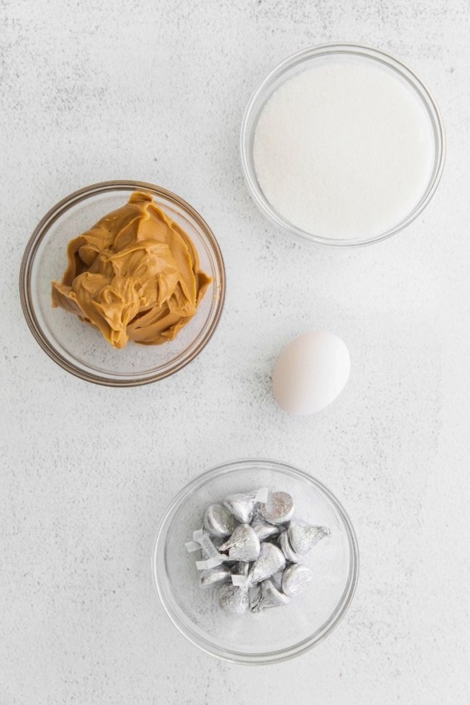 Ingredients needed for peanut butter blossoms in bowls
