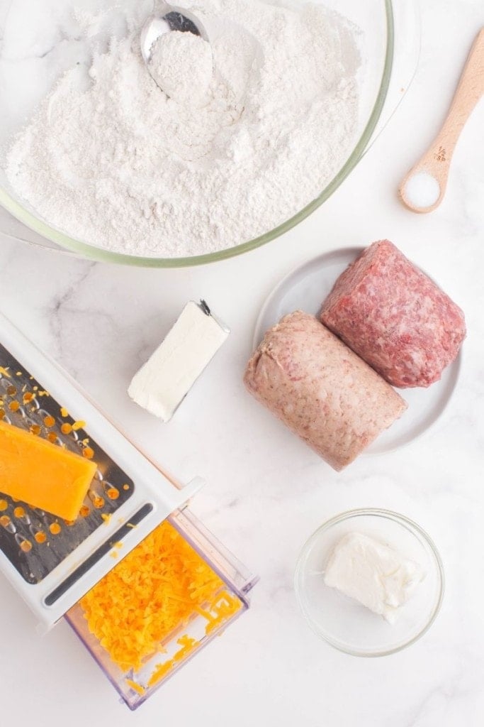 Ingredients needed to make sausage balls with flour