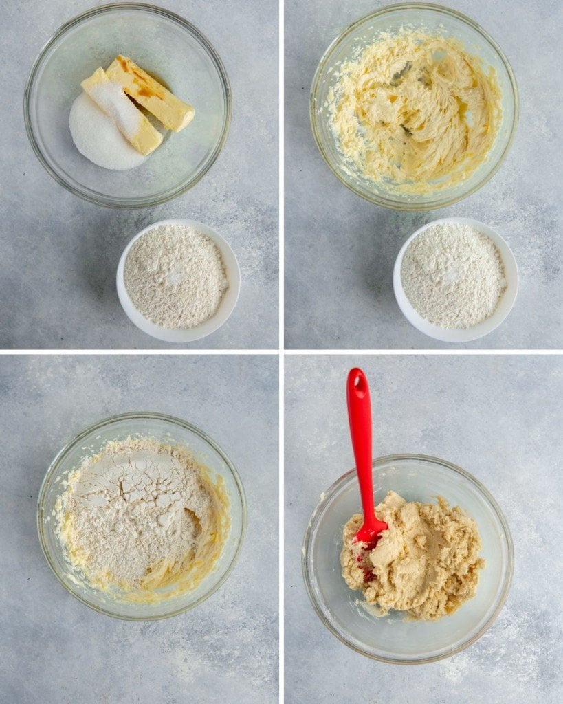 Collage of mixing wet and dry cookie ingredients together in a bowl