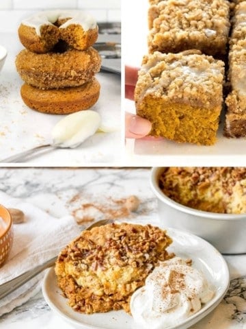 Collage of leftover pumpkin pie filling recipes (donuts, coffee cake, and dump cake)