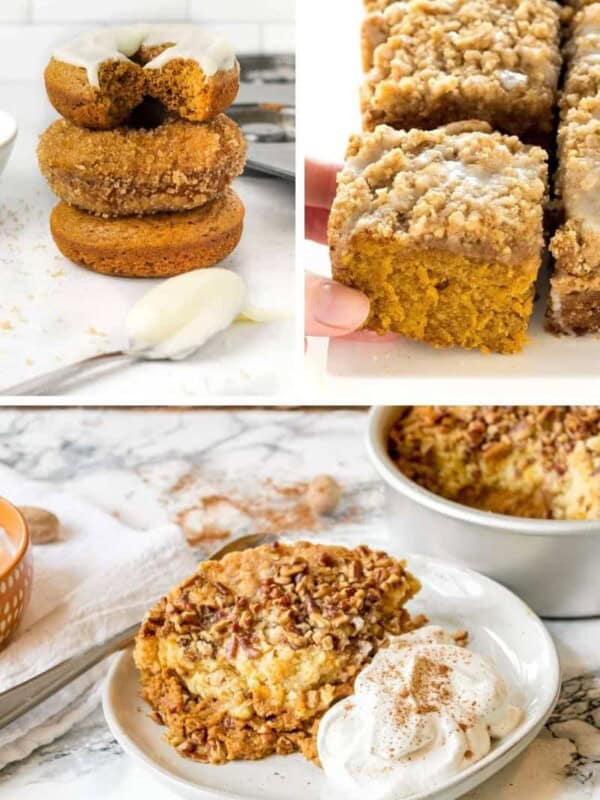 Collage of leftover pumpkin pie filling recipes (donuts, coffee cake, and dump cake)