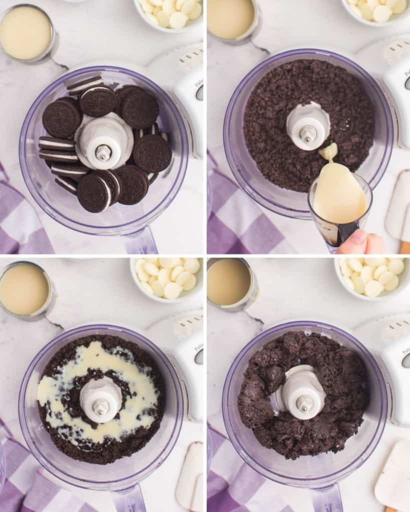 Collage of Oreo ball ingredients being combined in food processor, adding sweetened condensed milk, and mixing