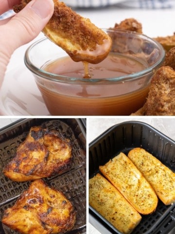Collage of air fryer recipes for beginners (apple wedges, chicken breasts, and garlic bread)