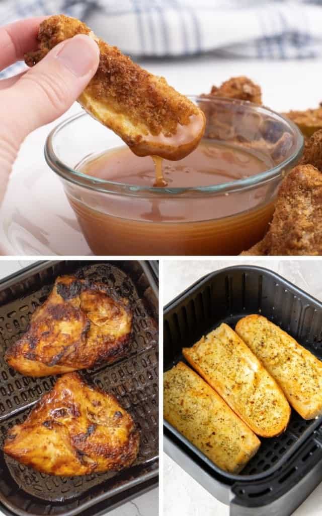 Collage of air fryer recipes for beginners (apple wedges, chicken breasts, and garlic bread)