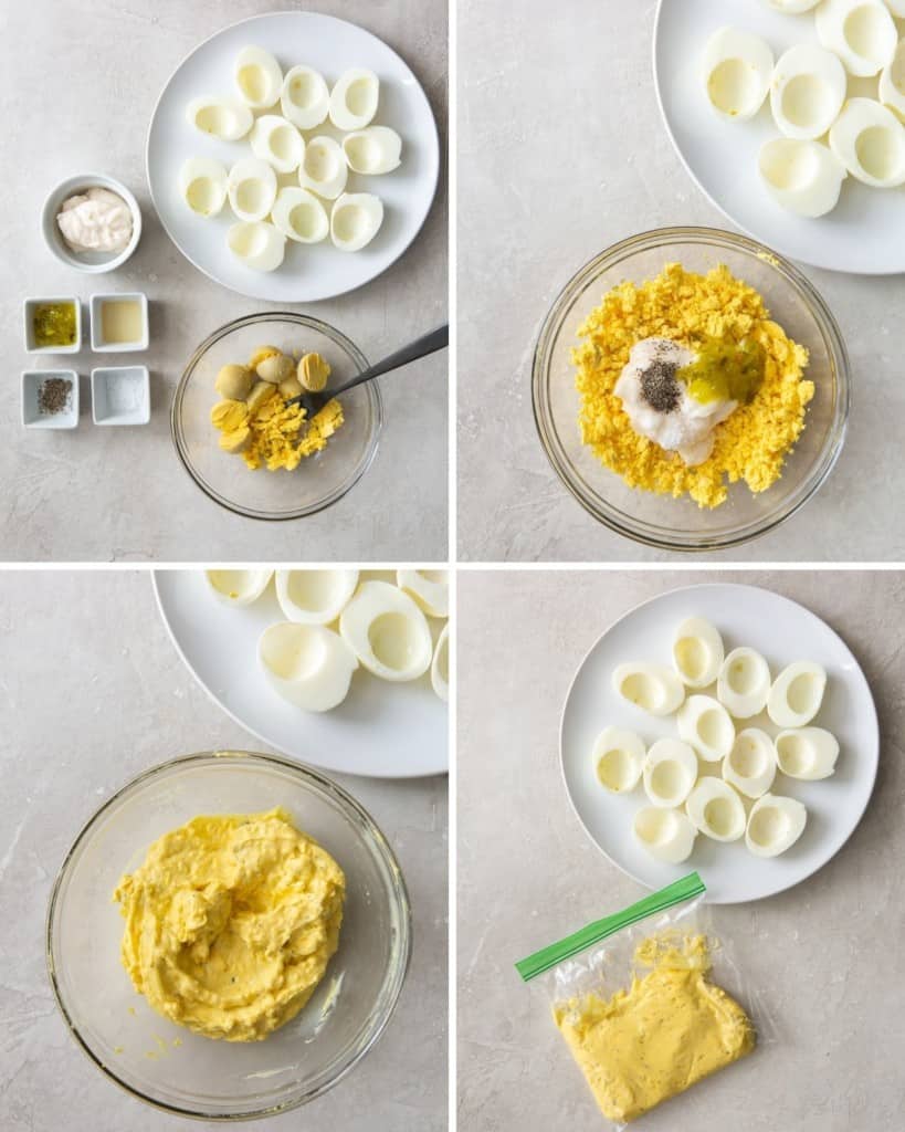Collage of mixing together the egg yolks with other ingredients and placing it in a Ziploc bag to pipe onto the eggs
