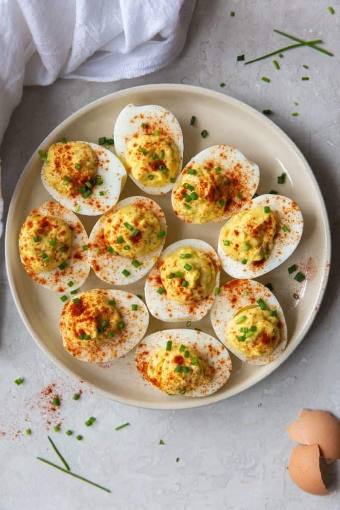Deviled eggs without mustard plated on a white round plate