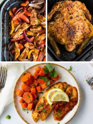 Healthy Air Fryer Recipes collage (chicken fajitas, whole chicken, and tilapia)