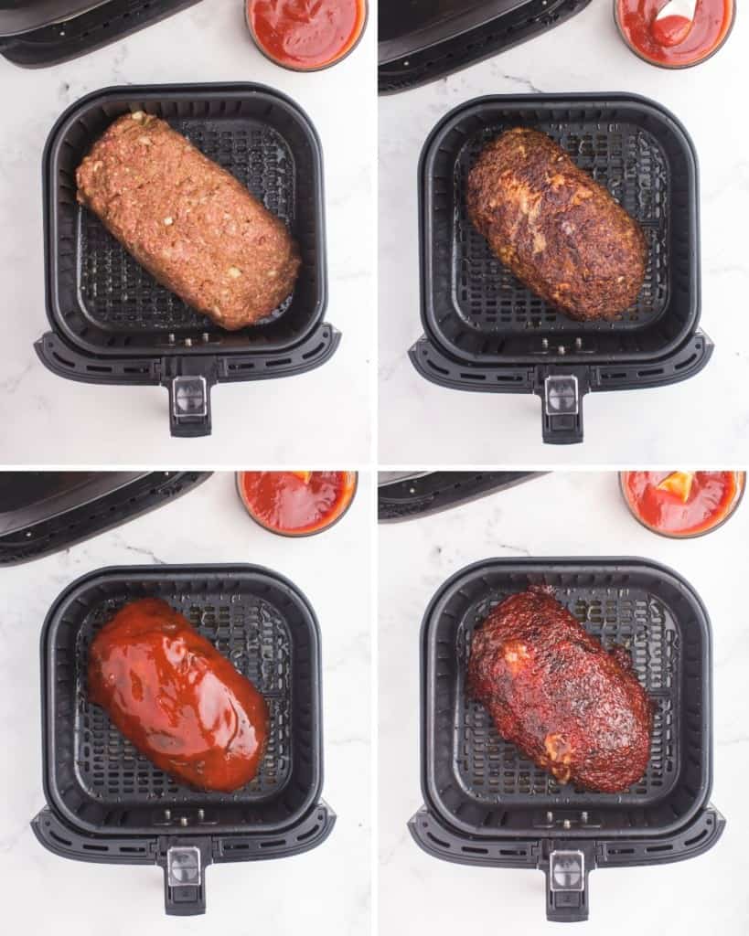 Collage of raw meatloaf in air fryer, coated with sauce, and cooked again