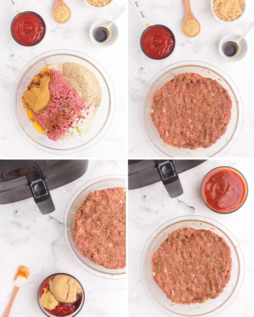 Collage of combining meatloaf ingredients into a bowl and sauce ingredients into a smaller bowl