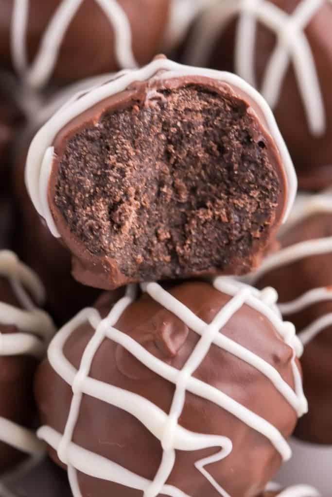 Closeup of Oreo ball that has been bitten into