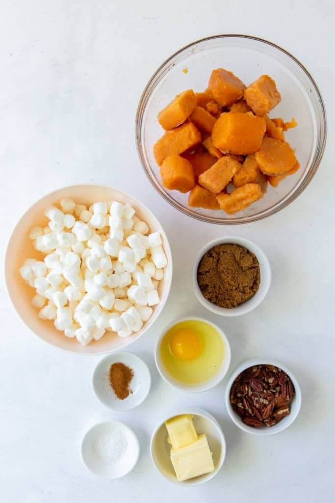 Ingredients needed to make this sweet potato casserole in seperate bowls