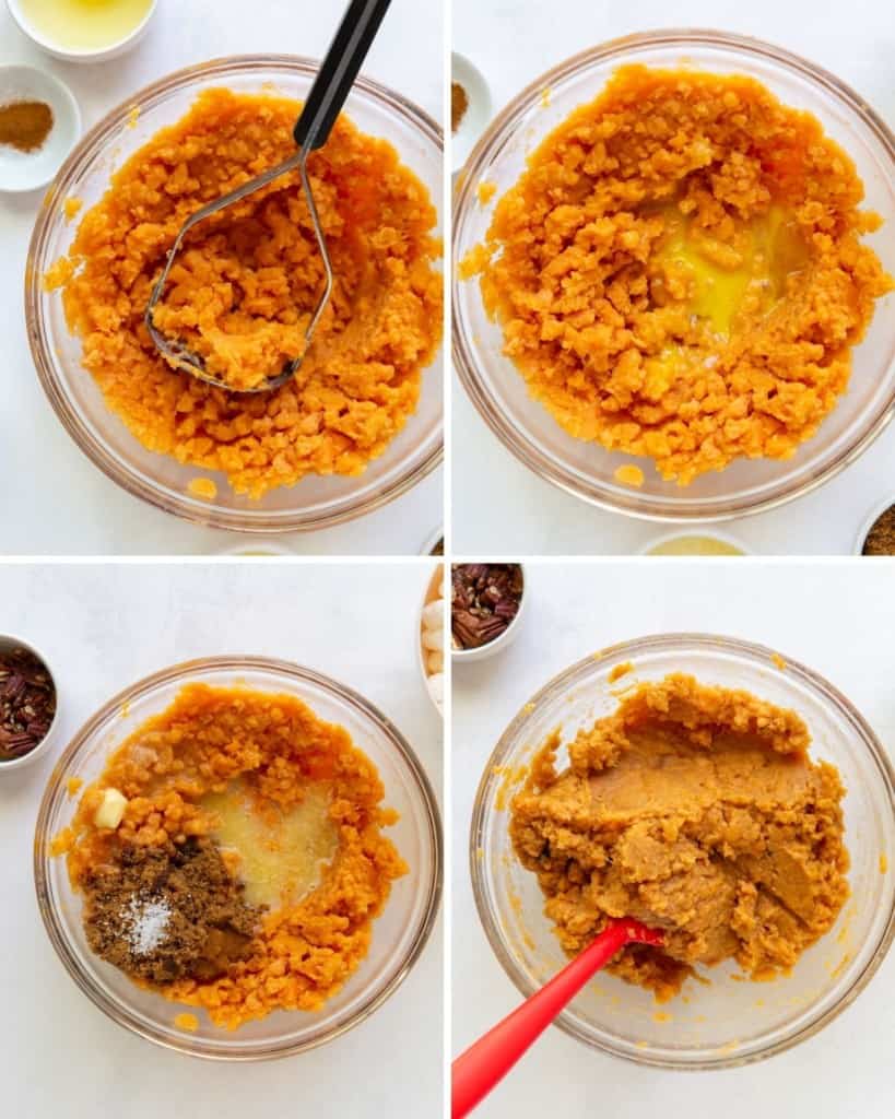 Collage of mashing the canned yams and mixing together the sweet potato casserole ingredients in a bowl