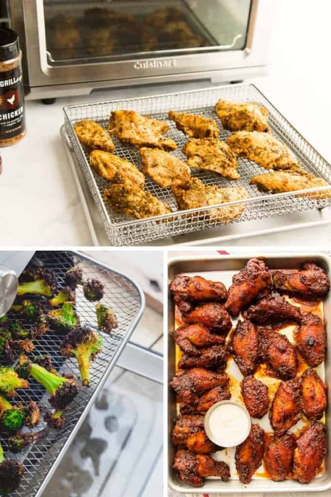 Collage of air fryer oven recipes (chicken, broccoli, and wings)