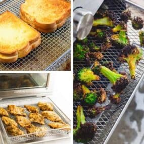 Collage of air fryer oven recipes (grilled cheese, chicken, and broccoli)