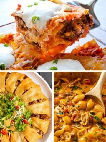 Collage of leftover taco meat recipes (taco lasagna, taco appetizer ring, taco pasta)