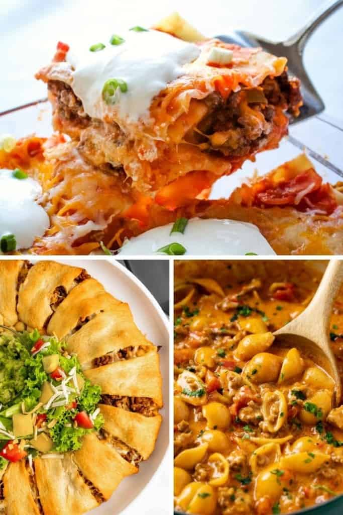 Collage of leftover taco meat recipes (taco lasagna, taco appetizer ring, taco pasta)