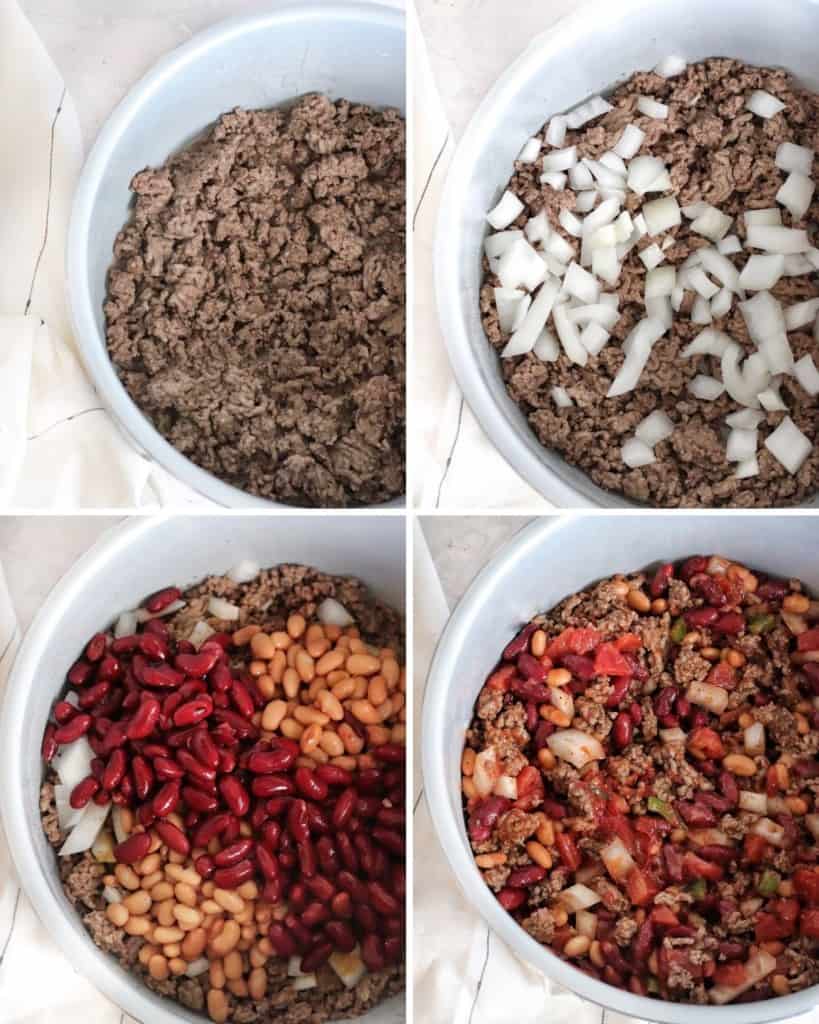 Collage of in-process shots of Ninja Foodi and browning the ground beef and adding in the other ingredients