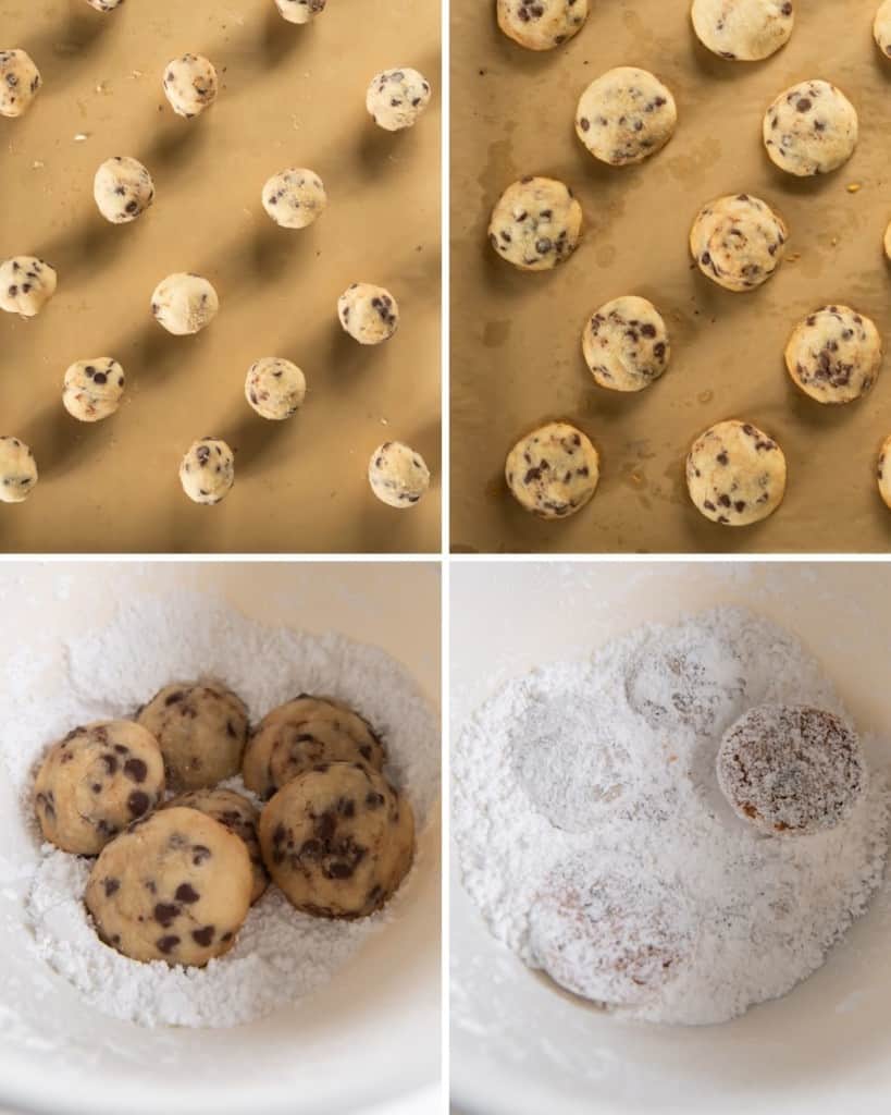 In-process photos of cookies on pan and slightly flattened then being rolled in powdered sugar