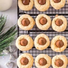 Hershey Kiss Shortbread Cookies lined on a wire cooling rack