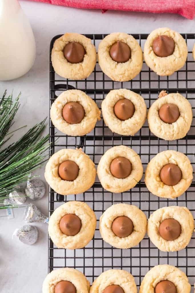 Hershey Kiss Shortbread Cookies lined on a wire cooling rack