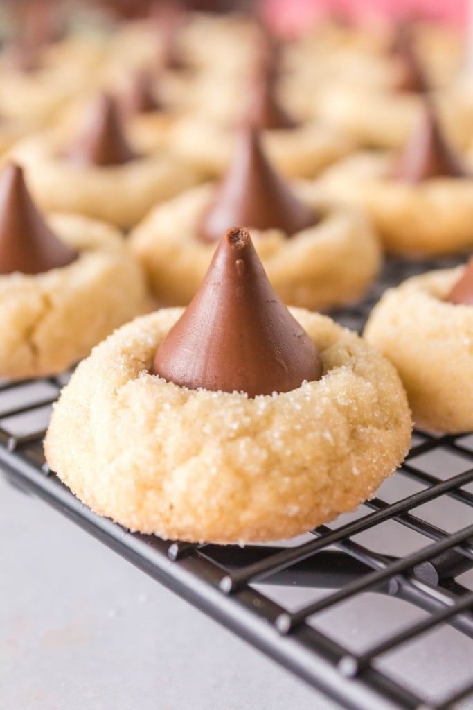 Closeup of a blossom cookie with Hershey kiss in the middle