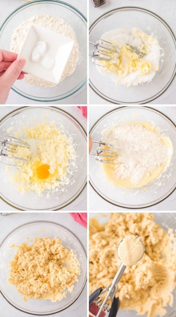 Collage of 6 photos adding the wet ingredients and dry ingredients together to make the shortbread cookie batter