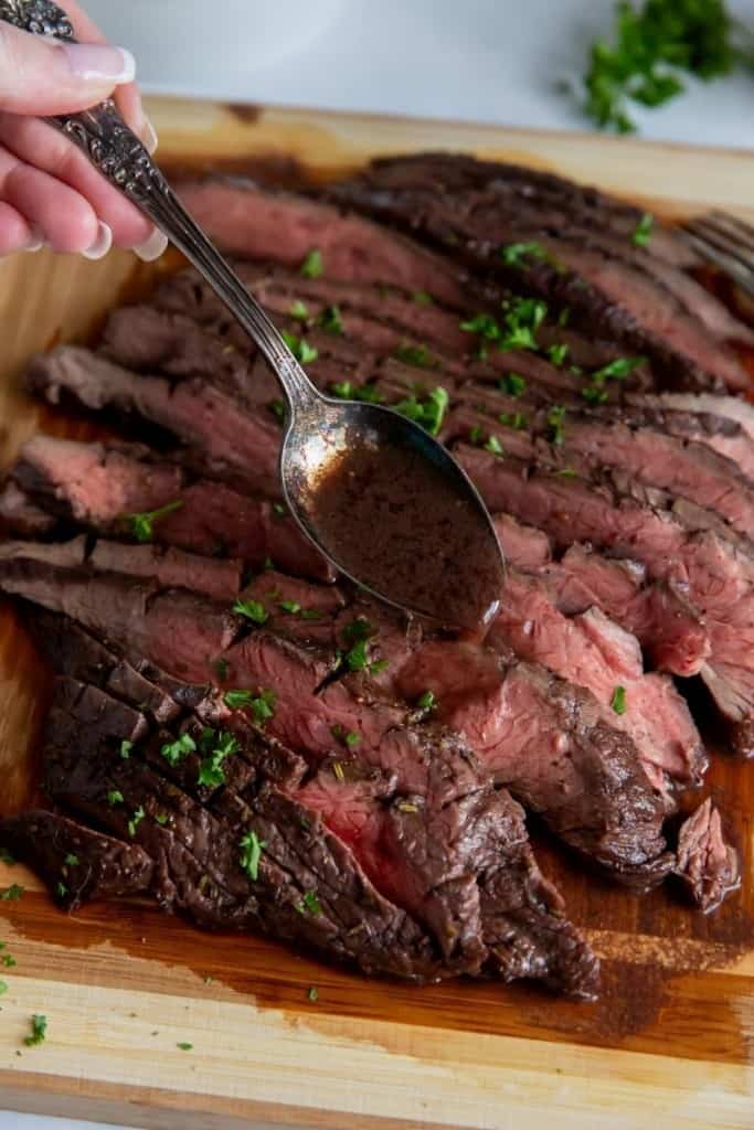 flank steak cooked in air fryer with sauce