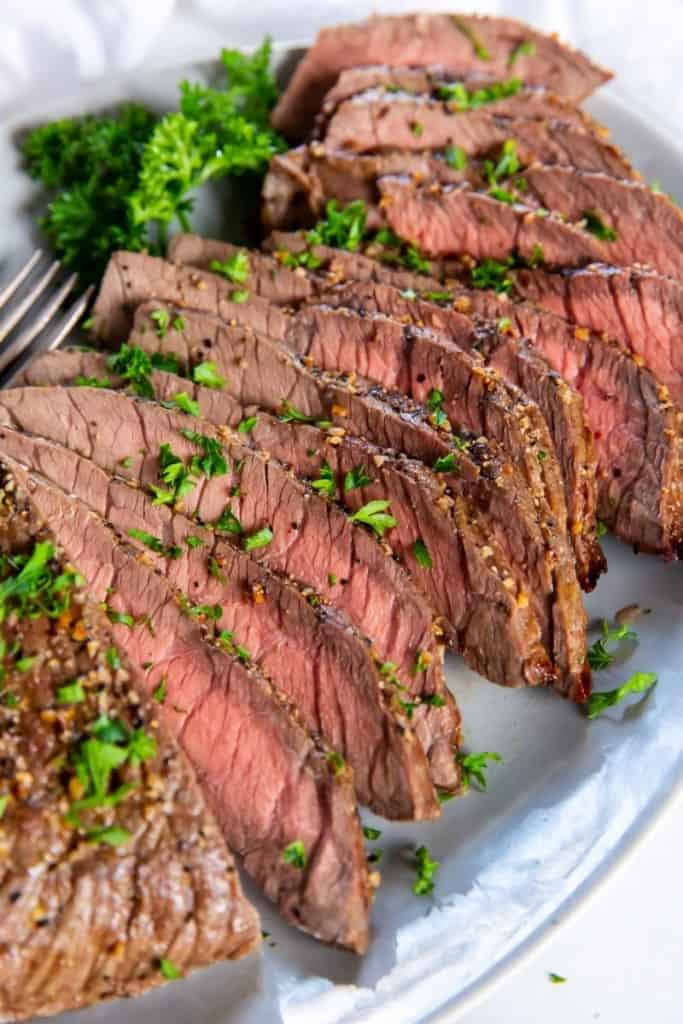 Closeup of sliced London Broil top round sliced 