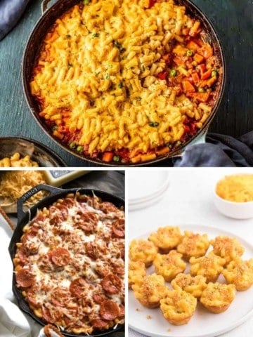 Leftover Mac and Cheese Recipes collage (shepherds pie, pepperoni casserole, mac and cheese bites)