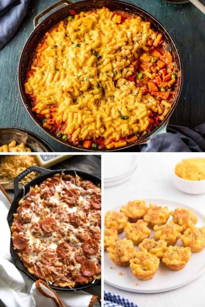 Leftover Mac and Cheese Recipes collage (shepherds pie, pepperoni casserole, mac and cheese bites)