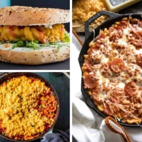 Collage of leftover mac and cheese recipes (donut, shepherds pie, and pepperoni casserole)