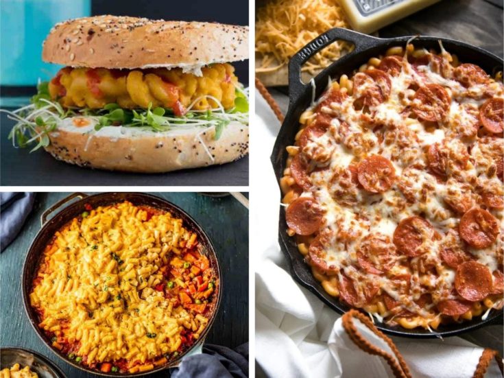 Collage of leftover mac and cheese recipes (donut, shepherds pie, and pepperoni casserole)