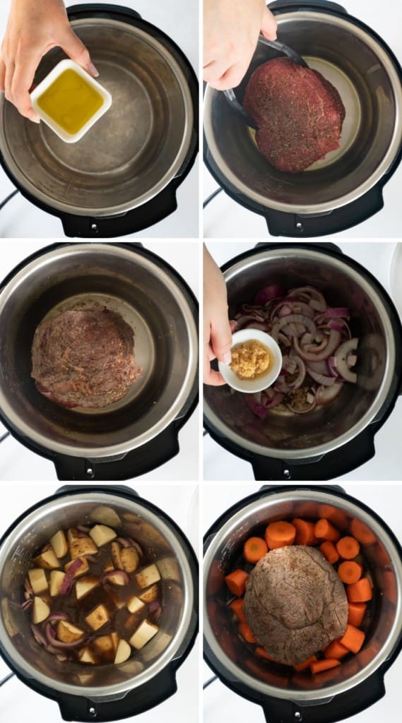 Collage of searing beef sirloin and adding other ingredients to Instant Pot to pressure cook