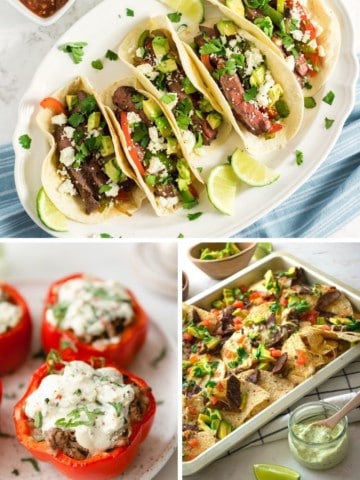 Collage of steak dinner ideas (fajitas, stuffed peppers, and steak nachos)