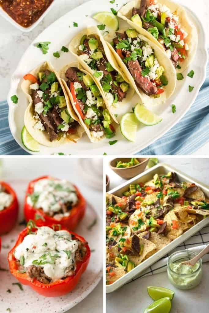 Collage of steak dinner ideas (steak fajitas, stuffed peppers, and steak nachos)