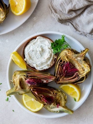 Fresh and cripsy air fryer artichokes with dipping sauce