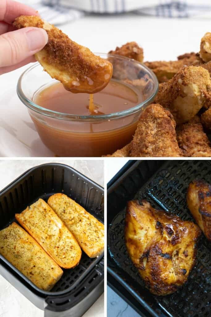 air fryer beginner ideas collage *apple slices, garlic bread, and bone in chicken breasts)