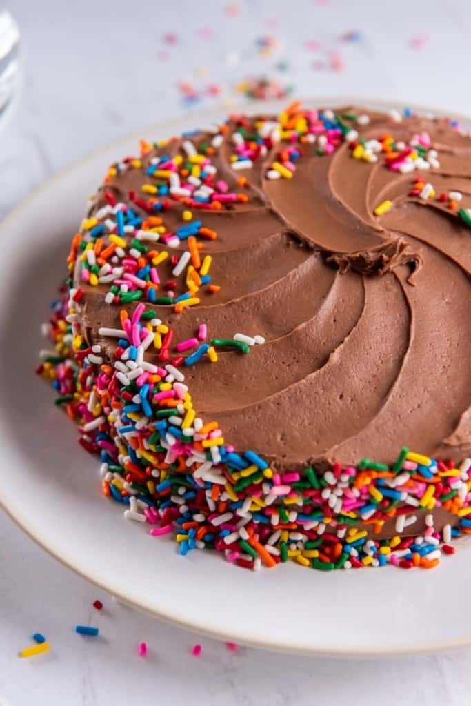 air fryer cake with chocolate frosting and rainbow sprinkles