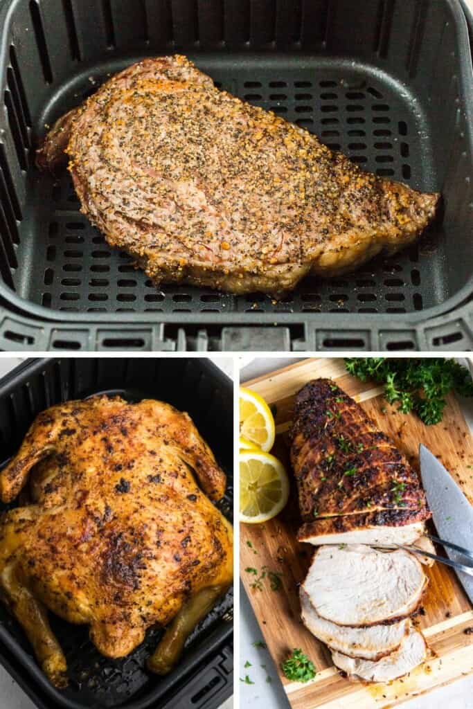 air fryer dinner ideas collage (ribeye steak, whole chicken, and turkey breast)