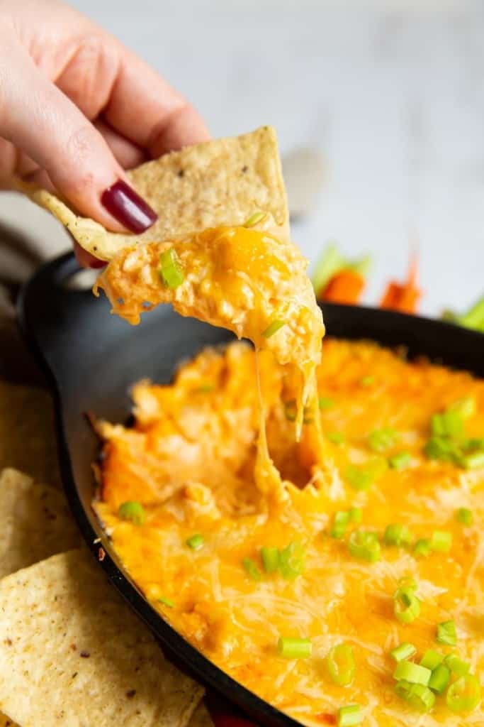 Cheesy and gooey buffalo chicken dip without cream cheese