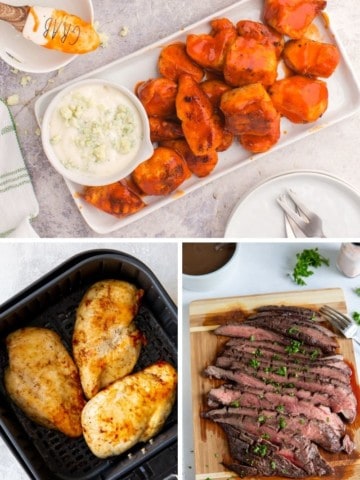 collage of air fryer boneless wings, chicken breasts, and flank steak (weight watchers air fryer recipes)