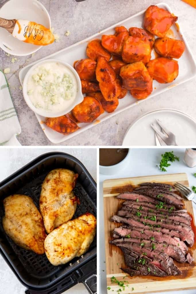 collage of air fryer boneless wings, chicken breasts, and flank steak (weight watchers air fryer recipes)