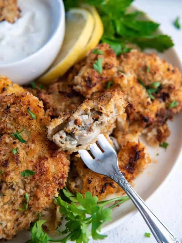 Crispy air fryer oysters on serving plate with fork